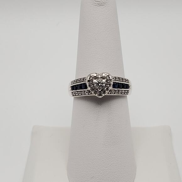Platinum over Sterling Silver Diamond and Blue Sapphire Heart Ring Size 8 - Picture 1 of 11